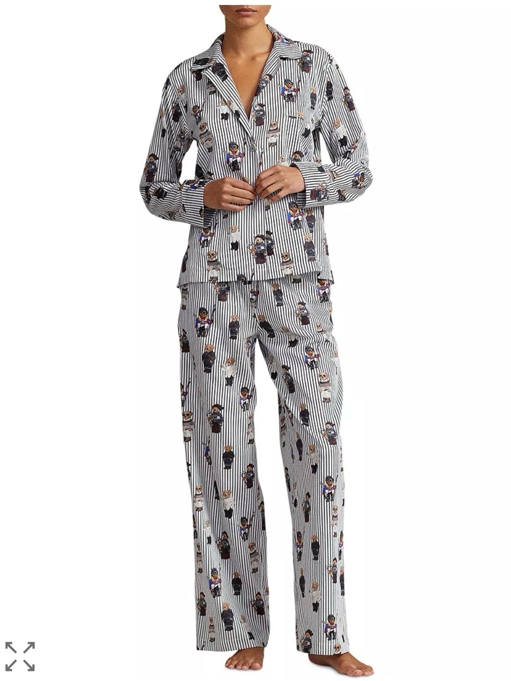 Ralph Lauren Polo Madison Teddy Print Striped Pajama Set - White/Navy Size M